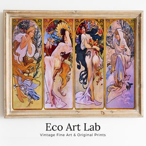 May include: A vintage art print depicting four women representing the four seasons. The print is framed in a light wood frame and has a white background. The women are portrayed in a colourful art nouveau style. The print is titled "The Four Seasons".