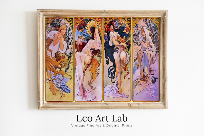 May include: A vintage art print depicting four women representing the four seasons. The print is framed in a light wood frame and has a white background. The women are portrayed in a colourful art nouveau style. The print is titled "The Four Seasons".