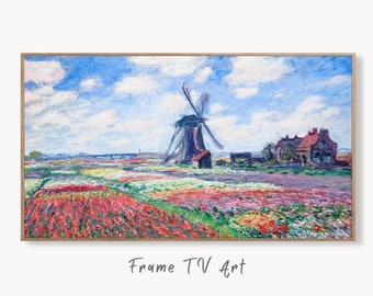 Samsung Frame TV Art 4K Windmill & Tulip Field Famous Claude Monet Painting. Instant Download Botanical Art for Frame TV. Vintage Wall Art