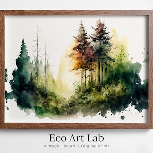 Minimalist Forest Trees Painting Print. Printable Wall Art. Nature Decor. Watercolor Abstract Forest Landscape Printable. Forest Digital Art