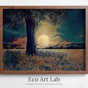 May include: A framed digital art print of a stylized tree with a large, bright moon in the background. The colors are a mix of blues, greens, and yellows, with a hint of orange. The print is titled "Eco Art Lab" and has the tagline "Vintage Fine Art & Original Prints".