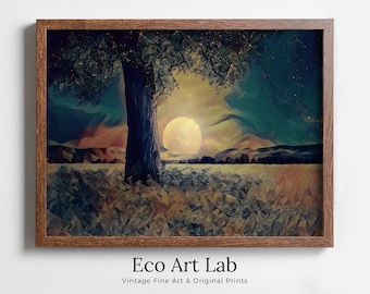 Big Moon and Tree Landscape Painting, Polygons Printable Wall Art, for Home or Office Decor, Nature Print Digital Art Instant Download