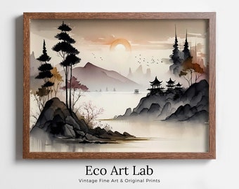 Zen Printable Nature Art. Abstract Japanese Mountain Watercolor Painting. Colorful Forest Landscape. Mountain Forest Art. Printable Wall Art