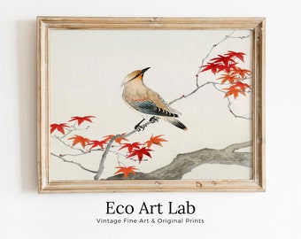 Bird on Maple Tree Vintage Japanese Painting. Japanese Wall Art Printable Poster. 20th Century Japanese Vintage Spring Wall Art, Bird Art