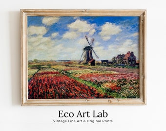 Tulip Fields With Windmill Famous Claude Monet Painting. Instant Download Vintage Decor. Monet Botanical Printable Wall Art. Vintage Decor