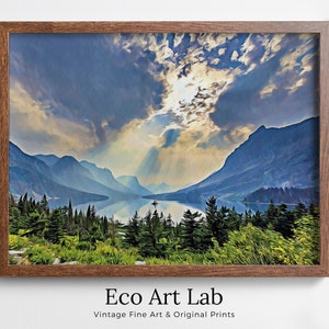 Cartel del Parque Nacional Glacier Descarga instantánea de arte de pared imprimible. Paisaje con arte mural de lago y montañas. Decoración colorida con estampado de naturaleza
