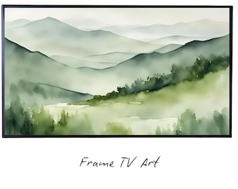 Sage Green Art For Samsung Frame TV I Watercolor Minimalist Landscape Mountains I 4K Wall Art Decor For Frame TV