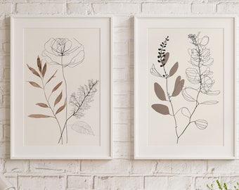 Botanical Line Art Set of 2 Prints. Neutral Wall Art Prints. Plant Prints Minimalist Modern Beige & White Wall Decor. Printable Wall Art. #3