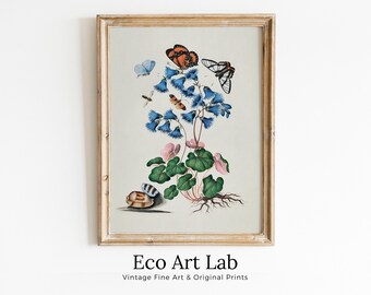 Butterfly Flowers and Shells Wall Art Poster, Vintage Butterfly Print, Botanical Prints Decor Flower Market Print Digital Printable Wall Art