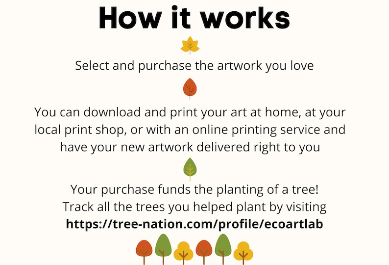 May include: How it works: Select and purchase artwork, download and print it at home or a local print shop, or have it delivered. Your purchase funds the planting of a tree! Track your impact at https://tree-nation.com/profile/ecoartlab