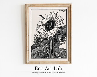 Vintage Sunflower Print Printable Wall Art. Art Nouveau Floral Print. Instant Download Poster Black and White Wall Art. Art Nouveau Poster