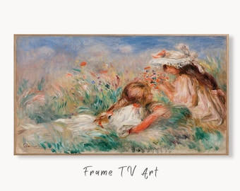Samsung Frame TV Art 4K Girls in the Grass by Auguste Renoir. Famous Antique Oil Painting. Landscape Vintage Impressionist Art for Frame TV