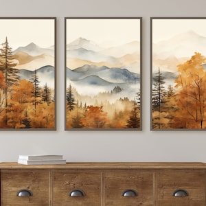Fall Mountain & Forest 3 Piece Wall Art | Abstract Nature Print | Watercolor Autumn Landscape | Modern Minimal Decor | Pine Forest Wall Art