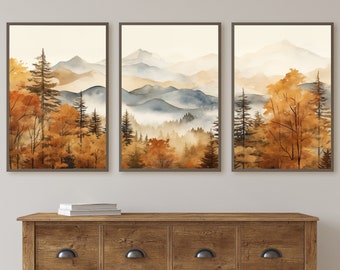 Fall Mountain & Forest 3 Piece Wall Art | Abstract Nature Print | Watercolor Autumn Landscape | Modern Minimal Decor | Pine Forest Wall Art