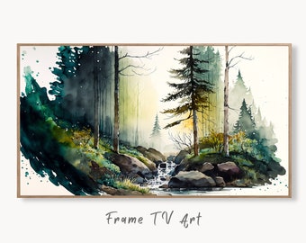Samsung Frame TV Art 4K Minimalist Forest & River Watercolor Landscape Digital Art. Instant Download Art for Samsung Frame TV. Art for TV