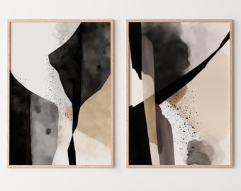 Black & Beige Wall Art. Set of 2 Minimalist Art Prints. Black and White Abstract Poster Set. Neutral Gallery Wall. Contemporary Modern Art