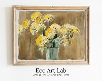 Botanical Painting Still Life Printable Digital Wall Art. Yellow Flowers Vase Still Art Vintage Print, Antique Retro Style Instant Download