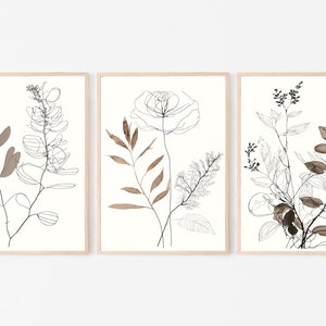 Botanical Line Art Set of 3 Prints. Neutral Wall Art Prints. Plant ...
