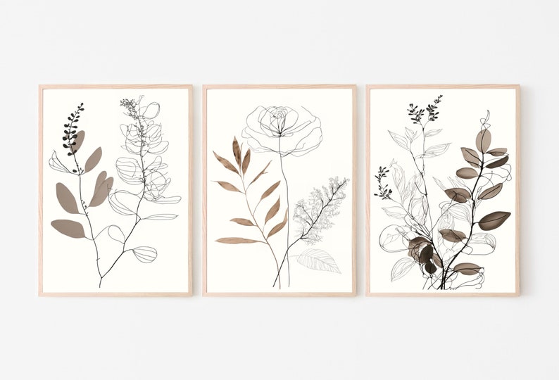Botanical Line Art Set of 3 Prints. Neutral Wall Art Prints. Plant ...