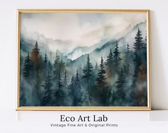 Watercolor Forest Landscape Printable. Green Forest Trees Painting Print. Printable Wall Art. Digital Art. Nature Decor. Mountain Forest Art