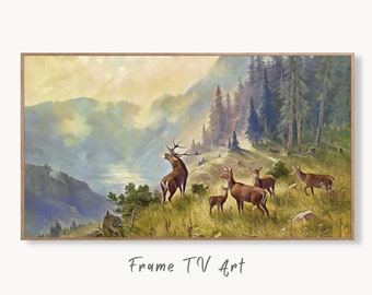 Wapiti sur une prairie de montagne, peinture, cadre d'art pour la télévision, téléchargement numérique, art numérique pour la télévision, art mural coloré, oeuvre d'art pour le cadre TV