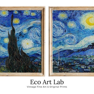Noche Estrellada de Vincent van Gogh. Juego de 2 láminas. Láminas de arte famosas imprimibles. Pintura vintage de descarga instantánea. Arte mural de 2 piezas.