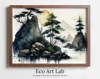 Abstract Japanese Mountain Watercolor Painting. Zen Printable Nature Art. Colorful Forest Landscape. Mountain Forest Art. Printable Wall Art