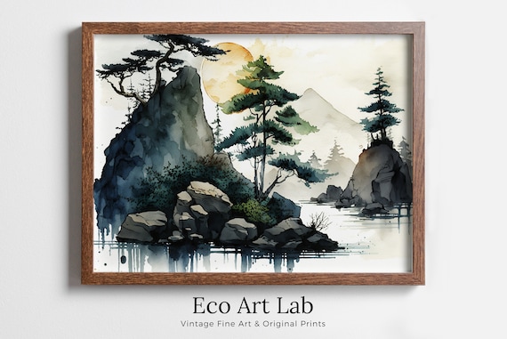 Abstract Japanese Mountain Watercolor Painting. Zen