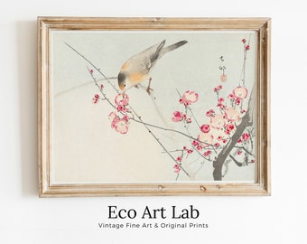 Vintage Japanese Painting. Songbird on Blossom Branch. Japanese Wall Art Printable Poster. 20th Century Japanese Vintage Wall Art, Bird Art