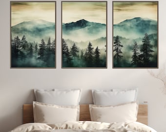 3 Piece Wall Art Sage Green Mountain | Watercolor Mountain Landscape | Abstract Nature Print | Modern Minimal Decor | Pine Forest Wall Art