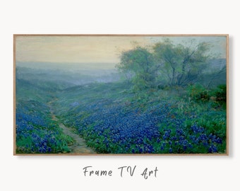 Samsung Frame TV Art 4K Bluebonnets at Dawn. Vintage Spring Landscape Painting. Instant Download Floral Landscape. Wall Art for Frame TV