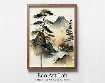 Zen Printable Nature Art. Abstract Forest & Mountain Watercolor Painting. Colorful Forest Landscape. Mountain Forest Art. Printable Wall Art