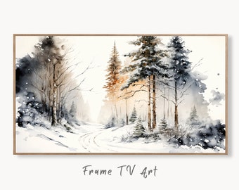 Samsung Frame TV Art 4K Watercolor Winter Forest Trail Landscape Painting. Instant Download Winter Art for Frame TV. Nature Art for TV