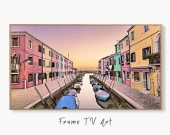 Italy Wall Art Sunset in Burano Frame TV Art. Italy Painting, City Landscape Frame TV Art. Digital Download, Colorful Art for Frame TV