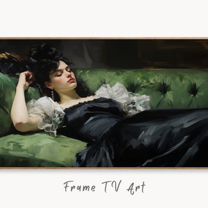 Samsung Frame TV Art 4K Junge Frau auf einer Couch. Vintage Style Wall Art für stimmungsvolle Wanddekoration. Sofortiger Download Art für das TV.