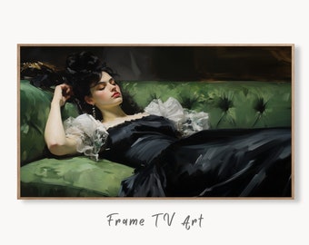 Samsung Frame TV Art 4K Mujer joven en un sofá. Arte de pared de estilo vintage para decoración de pared cambiante. Descarga instantánea de arte para TV.