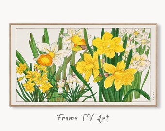 Samsung Frame TV Art 4K Yellow Daffodil Flowers Vintage Japanese Art. Instant Download Antique Japanese Art for Frame TV. Vintage Wall Art