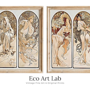 Jugendstil Print 2er-Set Vintage Gemälde Berühmte Kunstdrucke. Umgearbeitetes Jugendstil Plakat, Jahreszeitenfrauen-Illustration. Druckbare Kunst