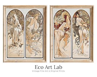 Art Nouveau Print Set of 2 Vintage Painting Famous Art Prints. Reworked Art Nouveau Poster, Seasons Women Illustration. Printable Wall Art