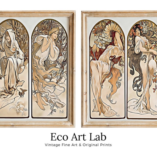 Art Nouveau Print Set of 2 Vintage Painting Famous Art Prints. Reworked Art Nouveau Poster, Seasons Women Illustration. Printable Wall Art