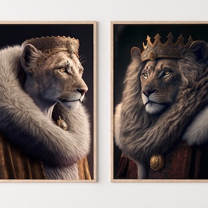 King & Queen Lions Set mit 2 Drucken. Digitale Gemälde druckbare Wandkunst. Paar Löwen Poster. 2-teilige Wandkunst. Zeitgenössische Löwen Portraits