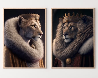 King & Queen Lions Set of 2 Prints. Digital Paintings Printable Wall Art. Couple Lion Poster. 2 Piece Wall Art. Contemporary Lions Portraits