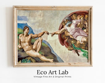 Michelangelo The Creation of Adam Famous Painting Altered in Black & White. PRINTABLE Vintage Classic Painting Reproduction Downloadable Art