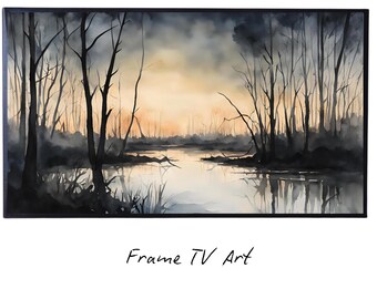Dark Sunset Art for The Frame TV I Forest Minimalist Decor I Minimalist Watercolor for Samsung Frame TV