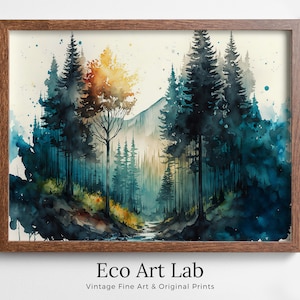 Green Forest Trees Painting Print. Watercolor Forest Landscape Printable. Printable Wall Art. Digital Art. Nature Decor. Mountain Forest Art
