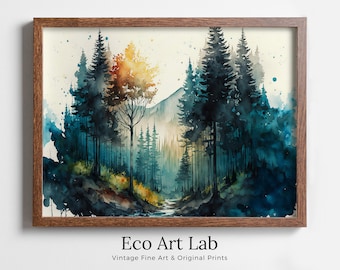 Green Forest Trees Painting Print. Watercolor Forest Landscape Printable. Printable Wall Art. Digital Art. Nature Decor. Mountain Forest Art