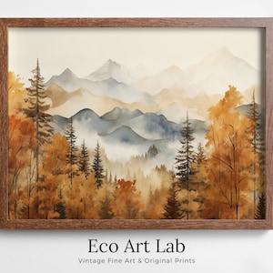 Autumn Watercolor Forest Landscape Printable. Printable Wall Art. Digital Art. Fall Forest Trees Painting Print. Nature Decor. Forest Art