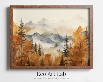 Autumn Watercolor Forest Landscape Printable. Printable Wall Art. Digital Art. Fall Forest Trees Painting Print. Nature Decor. Forest Art