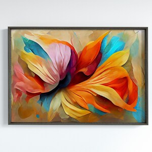 May include: Abstract painting of a colorful flower with petals in shades of orange, yellow, pink, blue, and red. The flower is painted in a stylized, almost 3D way, with the petals overlapping and creating a sense of depth.