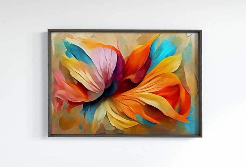May include: Abstract painting of a colorful flower with petals in shades of orange, yellow, pink, blue, and red. The flower is painted in a stylized, almost 3D way, with the petals overlapping and creating a sense of depth.